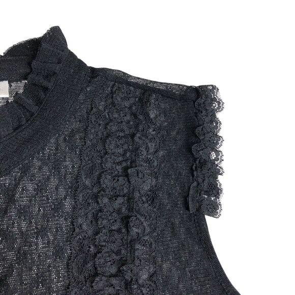 Y2K Worthington Top Womens M Black Sheer Lace Button Ruffle Neck Whimsigoth Goth - Picture 5 of 9